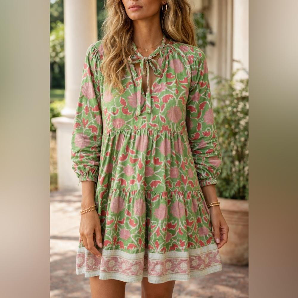 SZ Blockprints Hand Block Print Mini Dress Green Pink Floral India Size Small